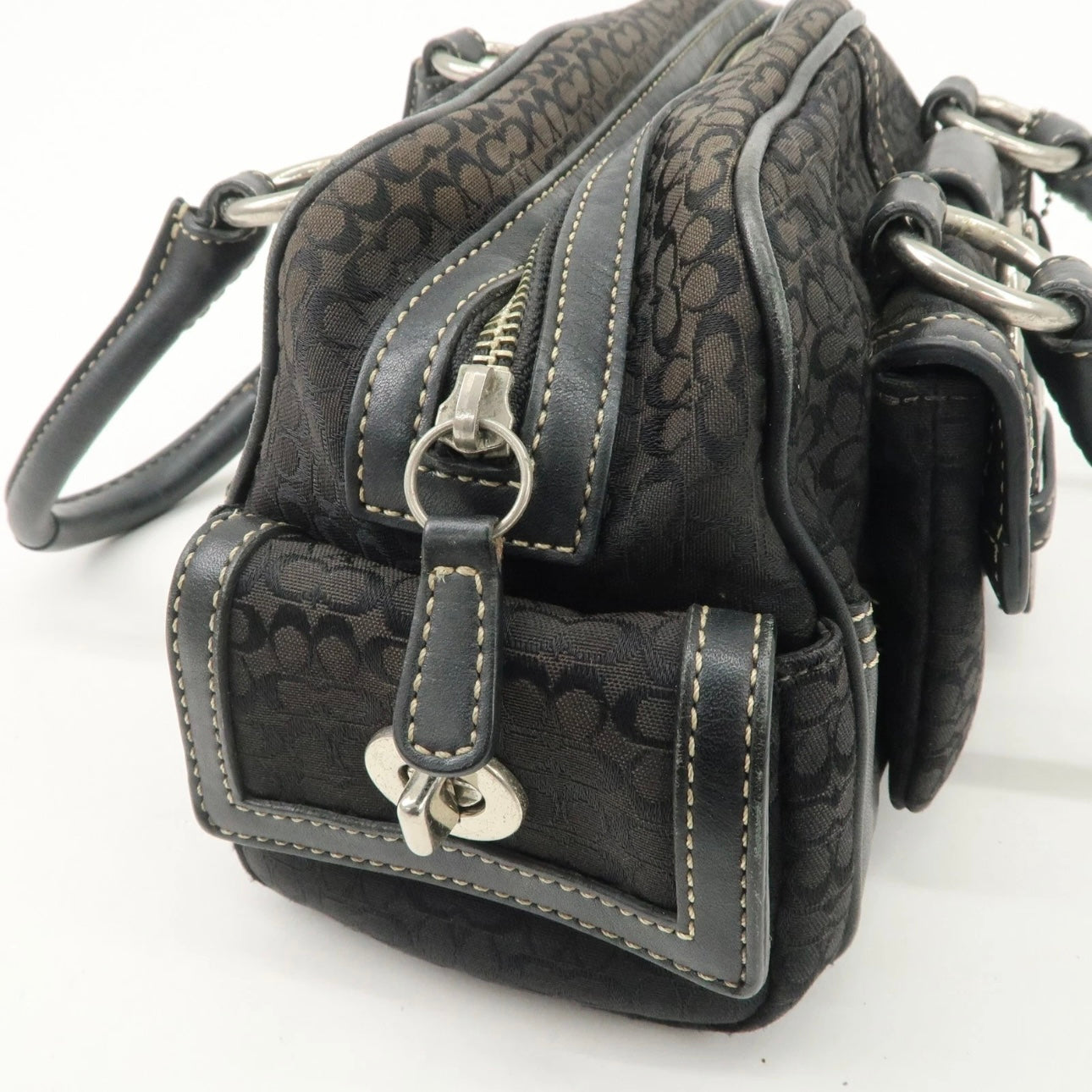 COACH Leather Canvas Hand Bag Brown Silver