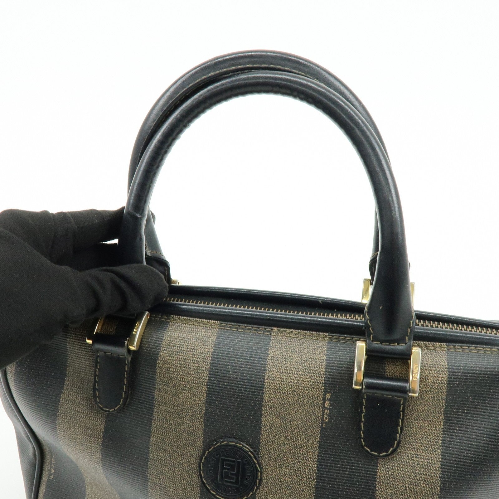 Fendi Pequin Boston Hand Bag - Black, Brown, PVC, Leather