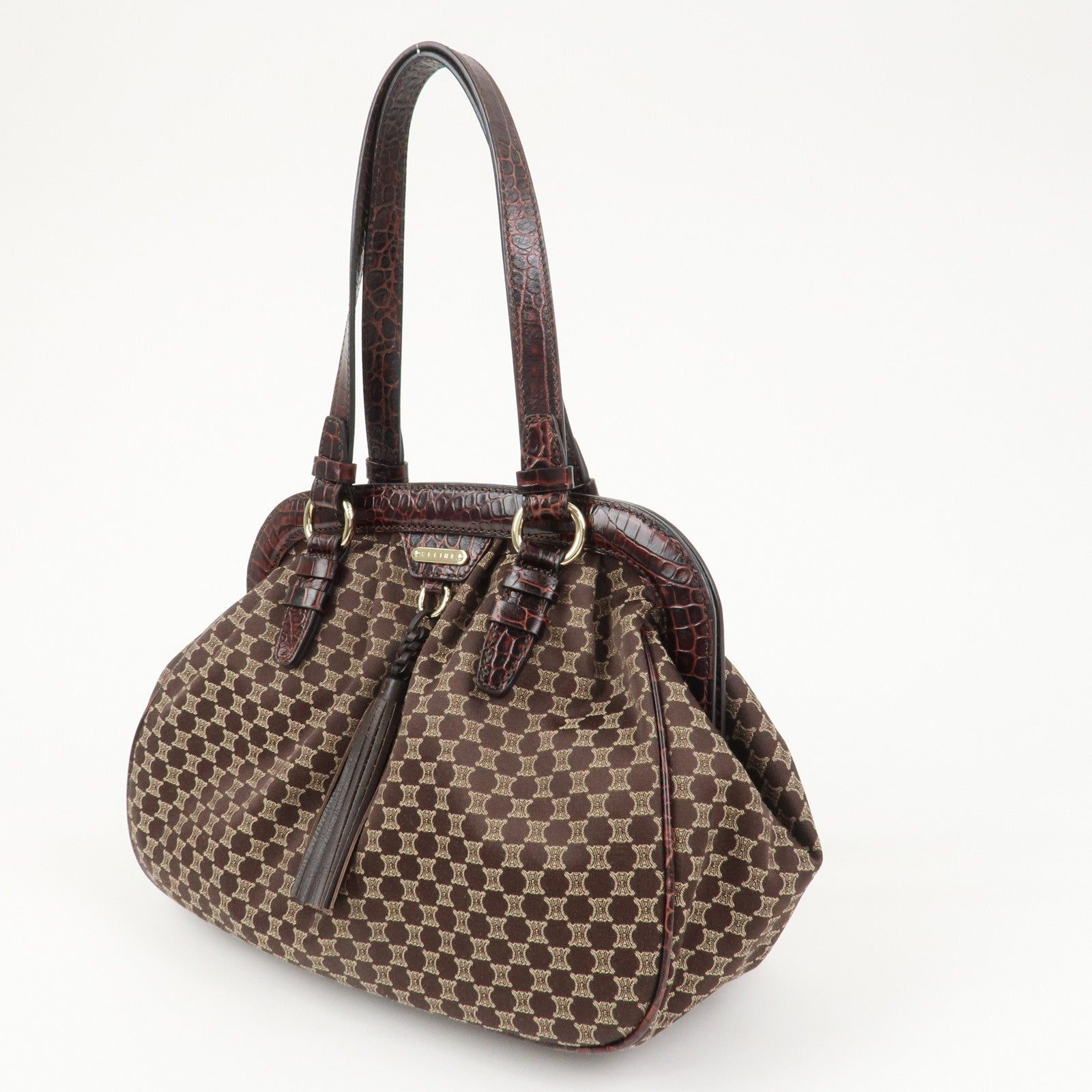 Celine Macadam Canvas Emboss Leather Shoulder Bag - Dark Brown, Canvas Leather