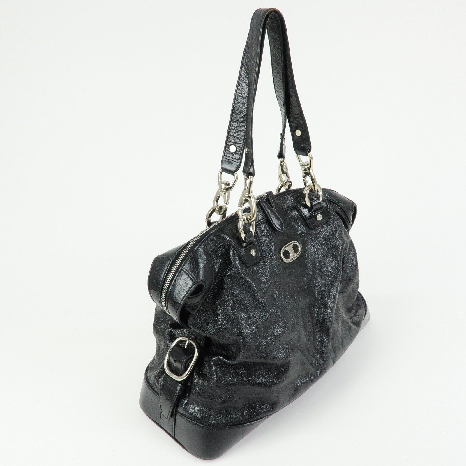 Celine Macadam Stamped Boston Hand Bag - Black, Patent Leather