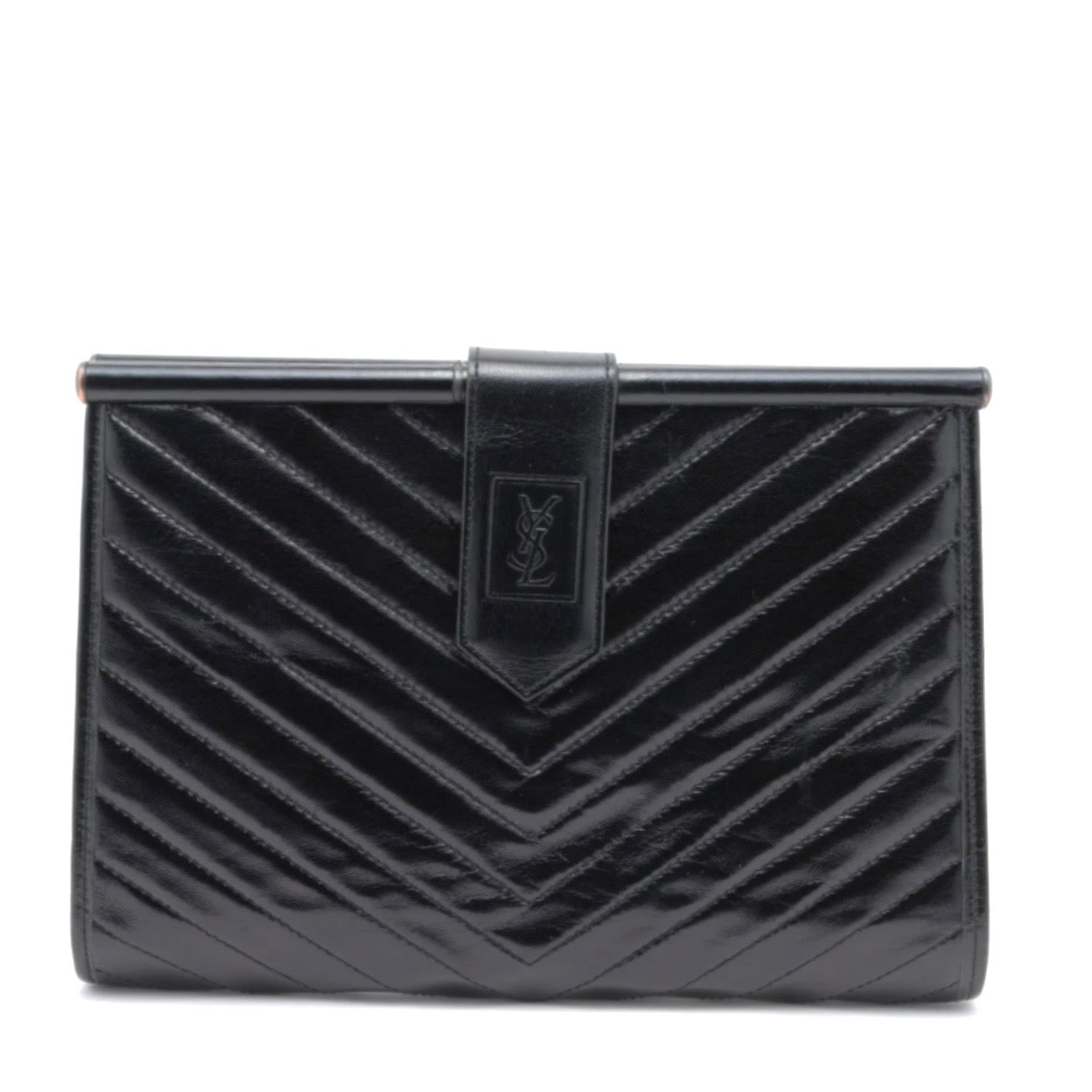 Yves Saint Laurent YSL Chevron Clutch - Black, Patent Leather