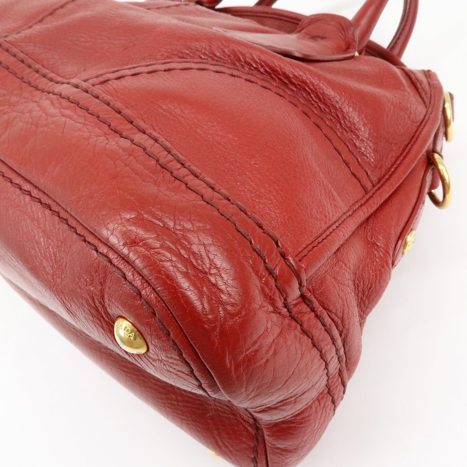 Prada Cervo Shine Leather Bowler Bag 2Way Tote Bag - Red, Leather
