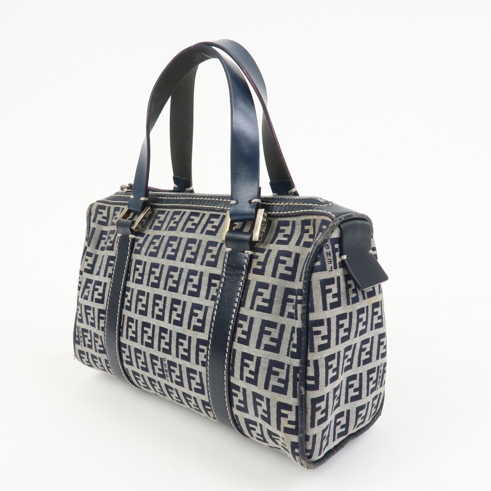 Fendi Boston Hand Bag - Navy, Canvas, Leather