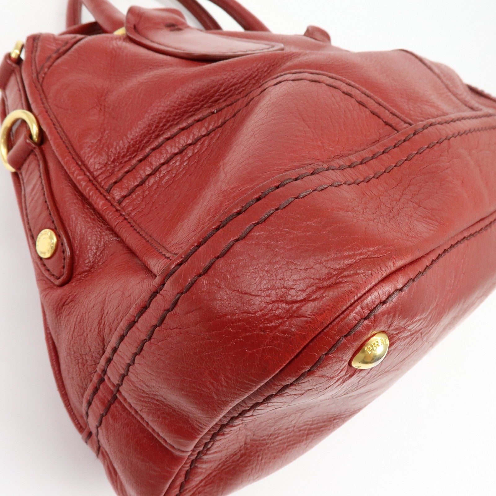 Prada Cervo Shine Leather Bowler Bag 2Way Tote Bag - Red, Leather