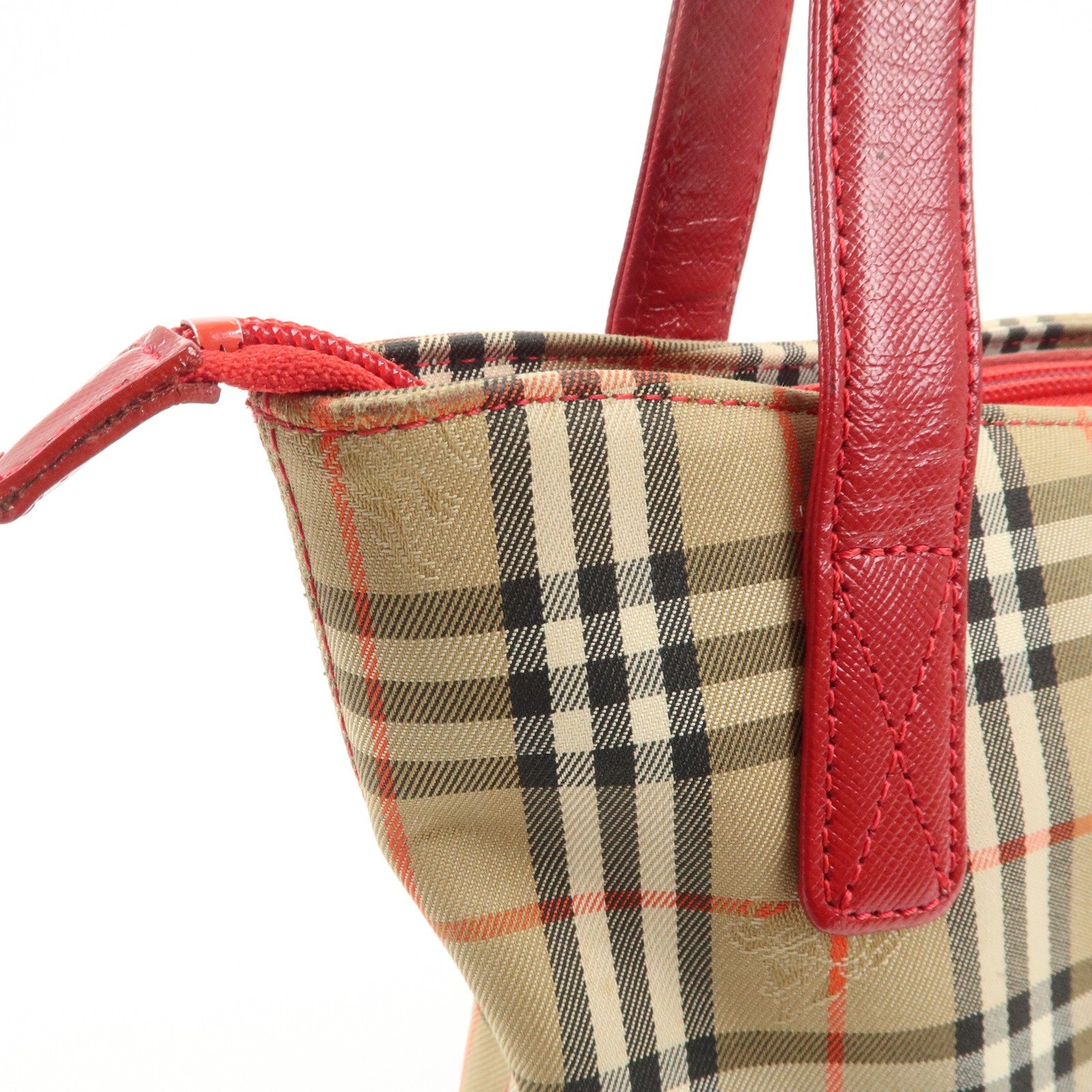 Burberry Nova Plaid Tote Bag - Red Beige, Leather Canvas