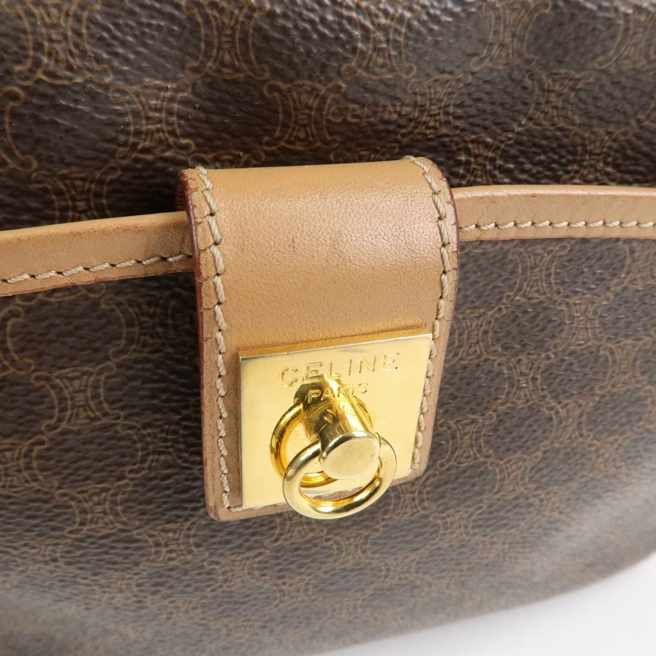 CELINE Macadam Leather Shoulder Bag Beige Brown Gold