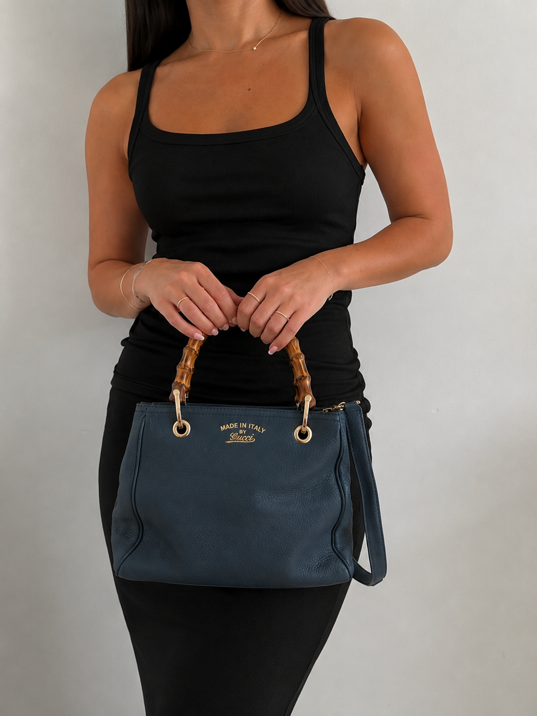 GUCCI Bamboo Calf Leather 2 Way Bag Tote Bag Navy