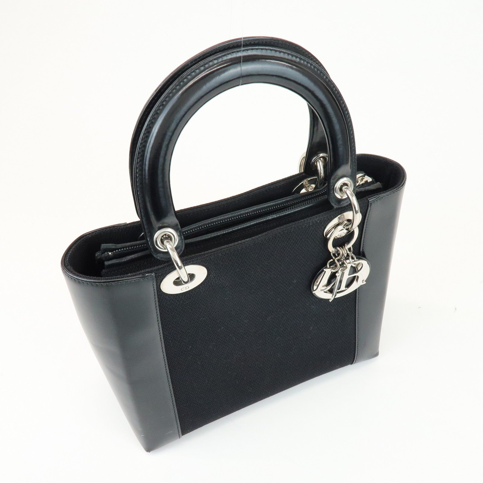 Christian Dior Lady Dior Hand Bag - Black, Canvas and Patent Leather