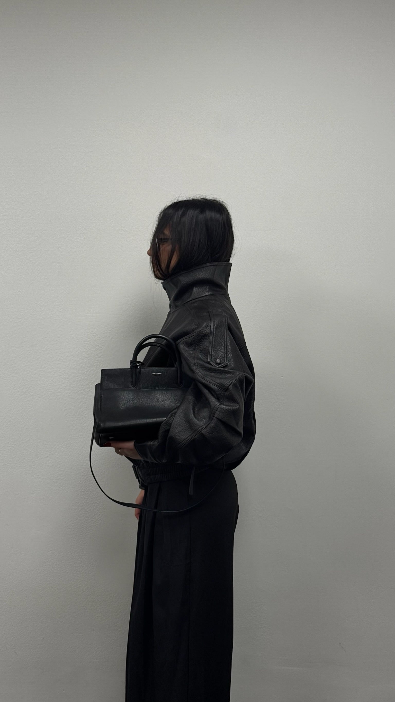 SAINT LAURENT YSL Cabas Rive Gauche 2way Shoulder Bag Calfskin Leather Black