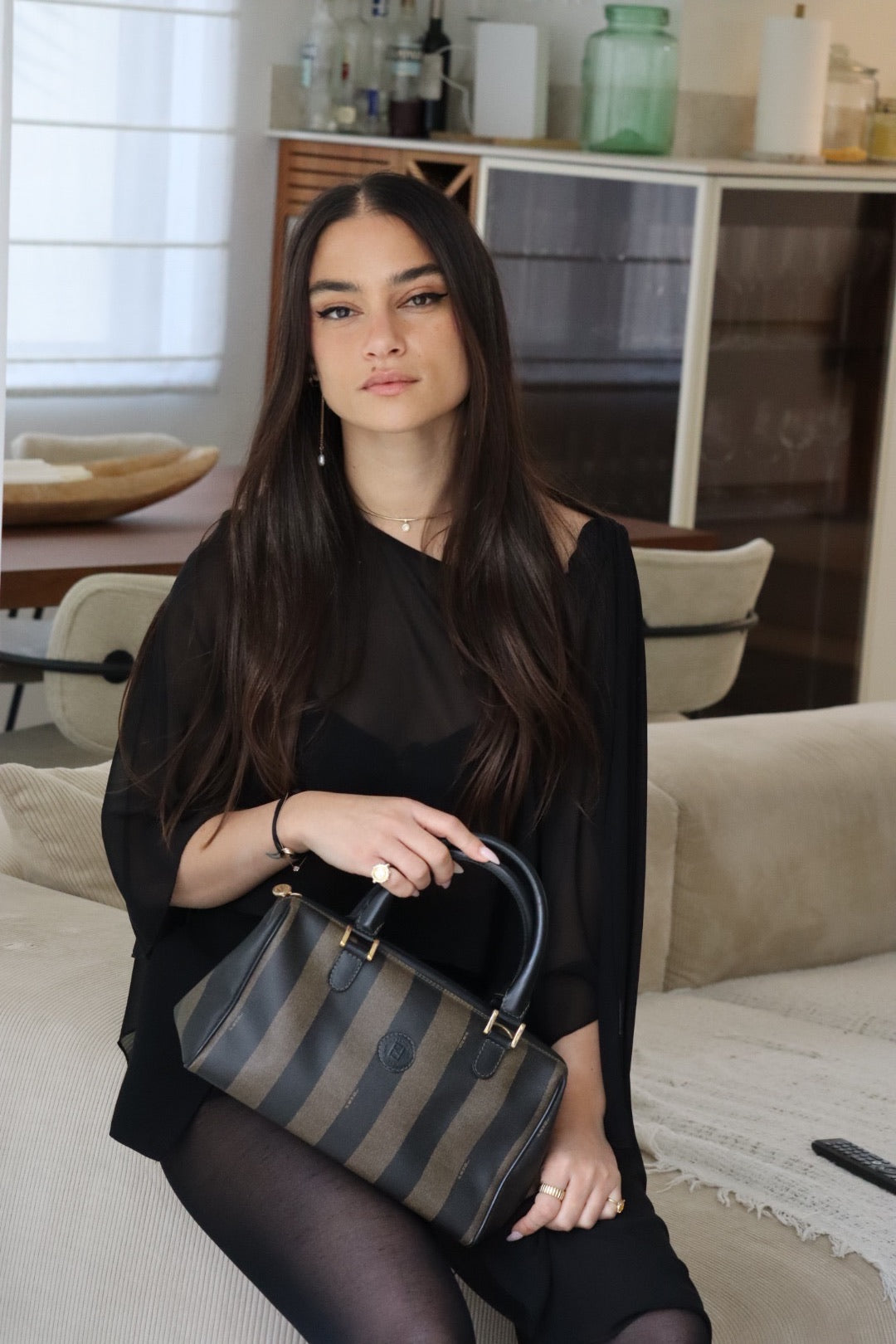 Fendi Pequin Boston Hand Bag - Black, Brown, PVC, Leather