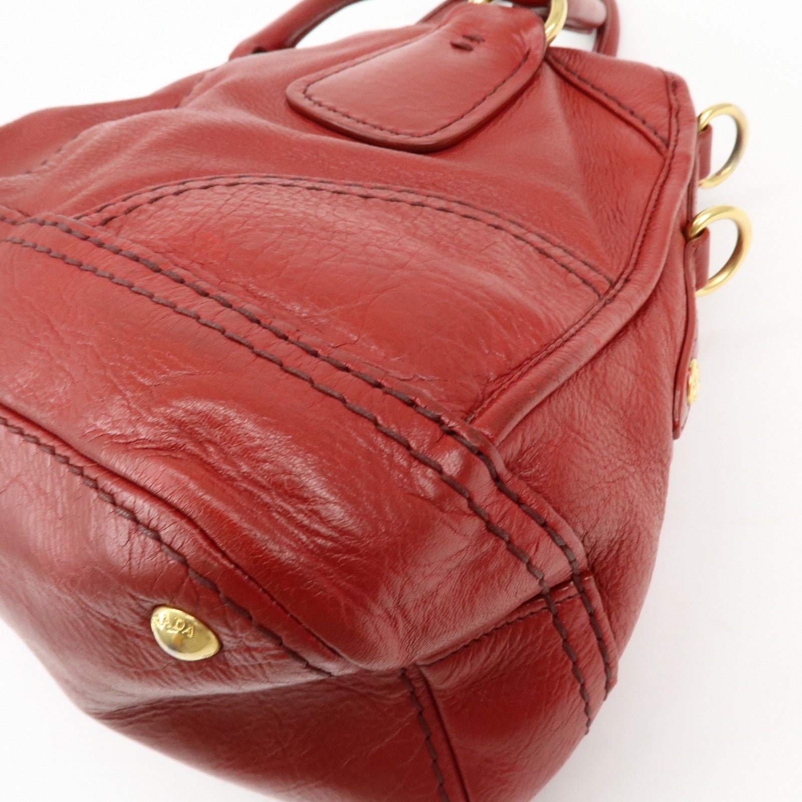Prada Cervo Shine Leather Bowler Bag 2Way Tote Bag - Red, Leather
