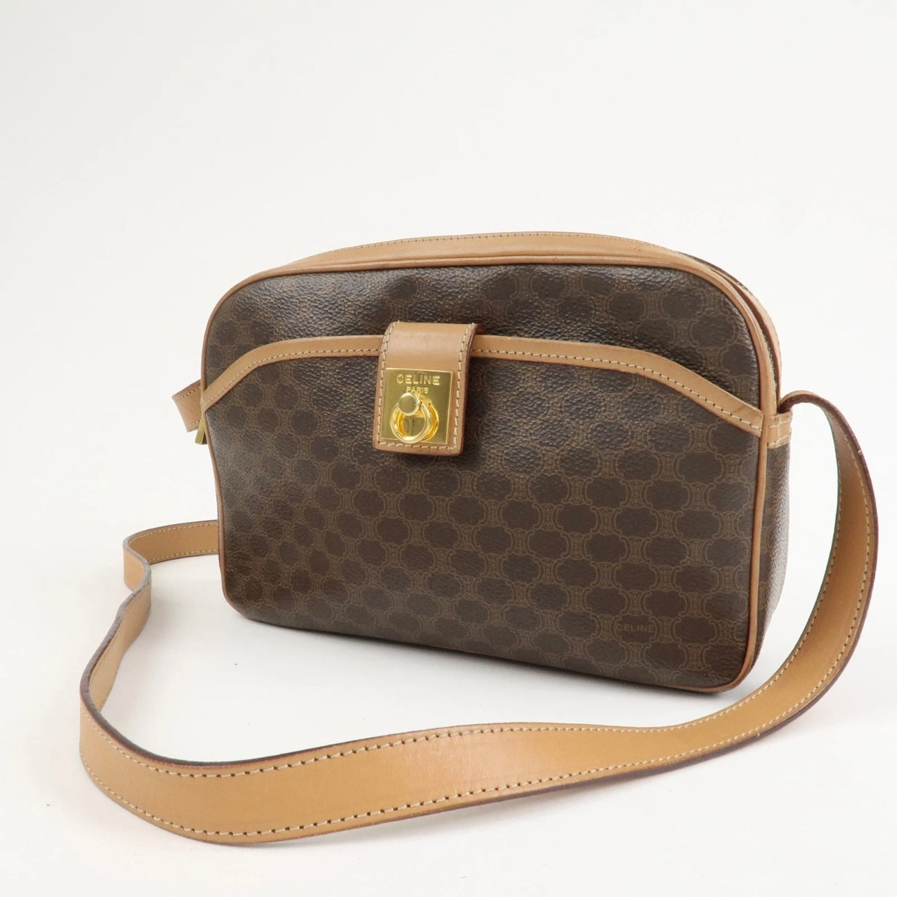 CELINE Macadam Leather Shoulder Bag Beige Brown Gold