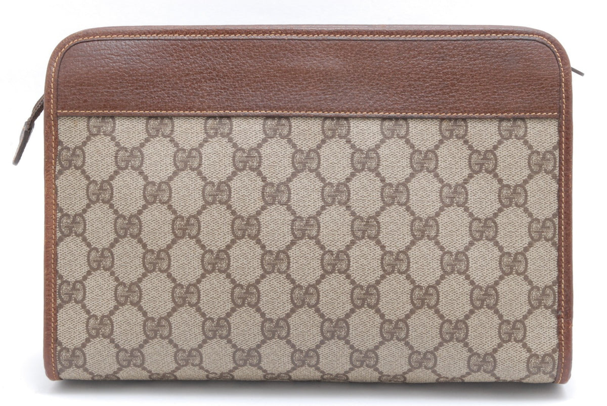 Gucci GG Supreme Clutch Hand Bag - Beige Brown, PVC Leather