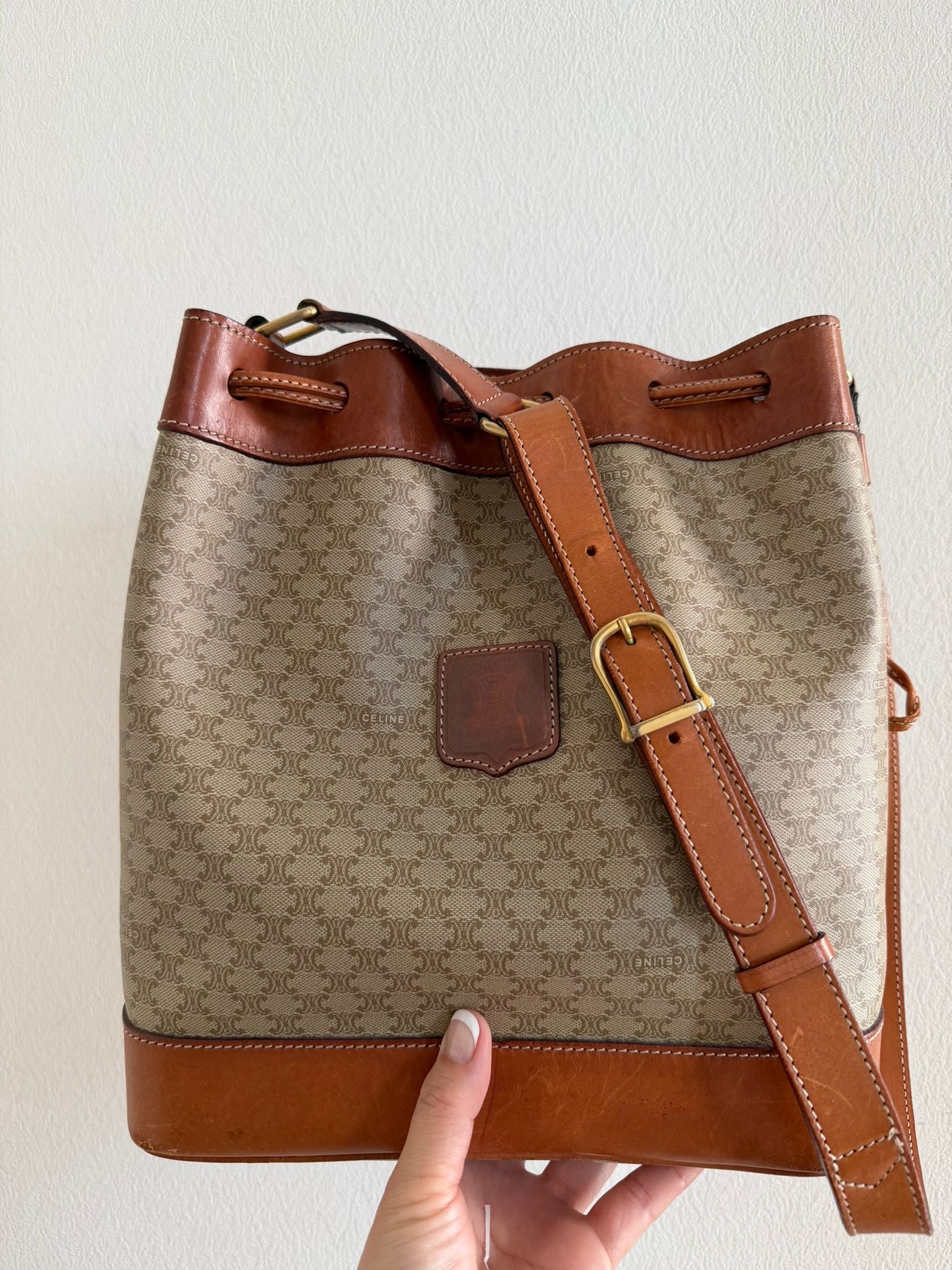 Celine Macadam Drawstring Shoulder Bag - Beige, PVC