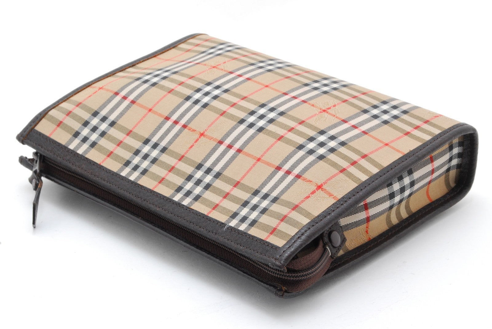Burberry Nova Check Clutch Pouch Bag - Brown, Leather Fabric