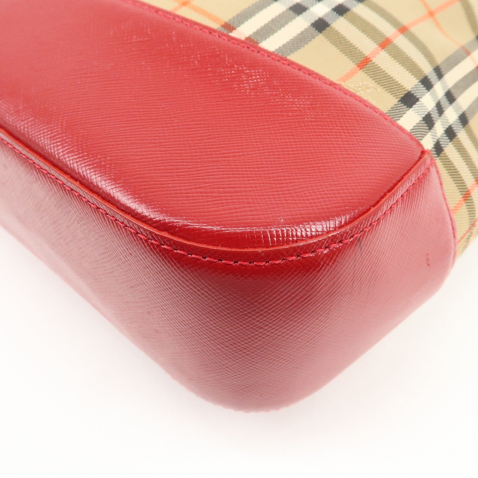 Burberry Nova Plaid Tote Bag - Red Beige, Leather Canvas