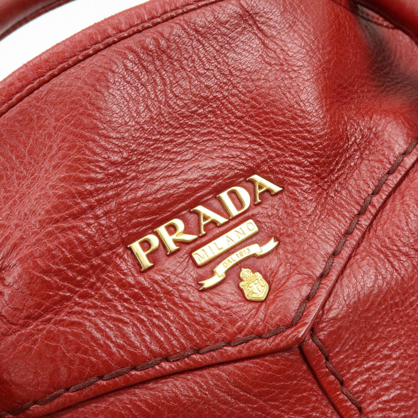 Prada Cervo Shine Leather Bowler Bag 2Way Tote Bag - Red, Leather