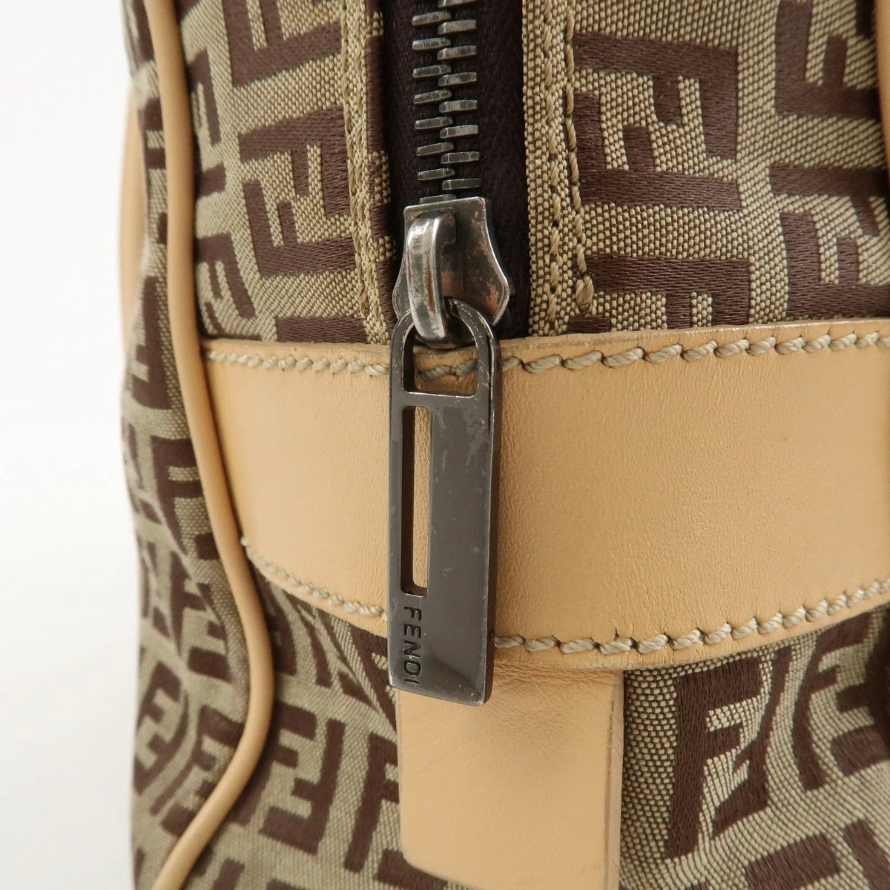 FENDI Zucchino Canvas Leather Shoulder Bag Beige