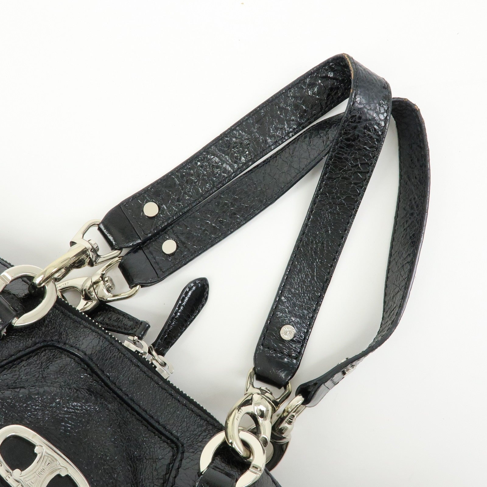Celine Macadam Stamped Boston Hand Bag - Black, Patent Leather