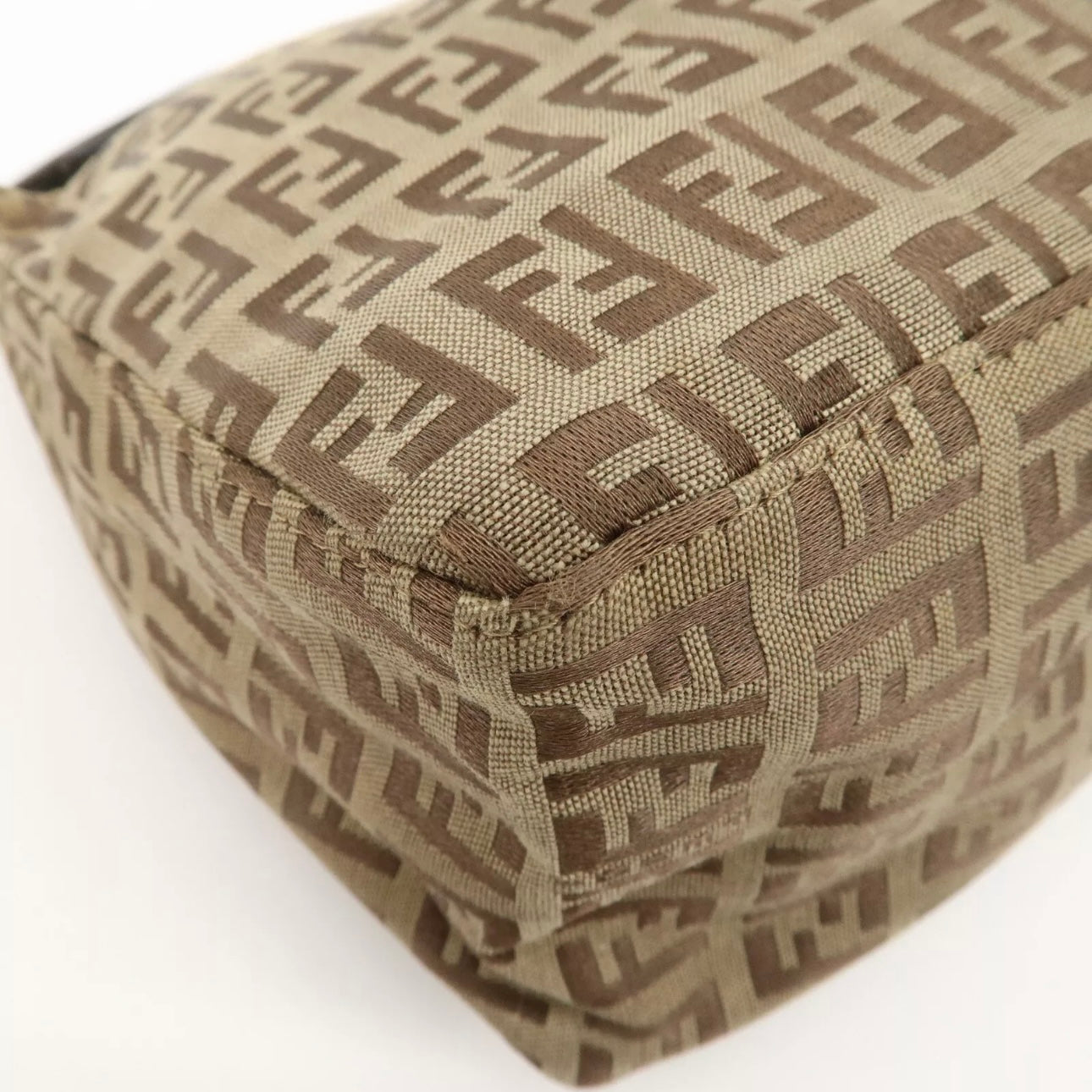 Fendi Zucchino Canvas Leather Hand Bag Beige Brown