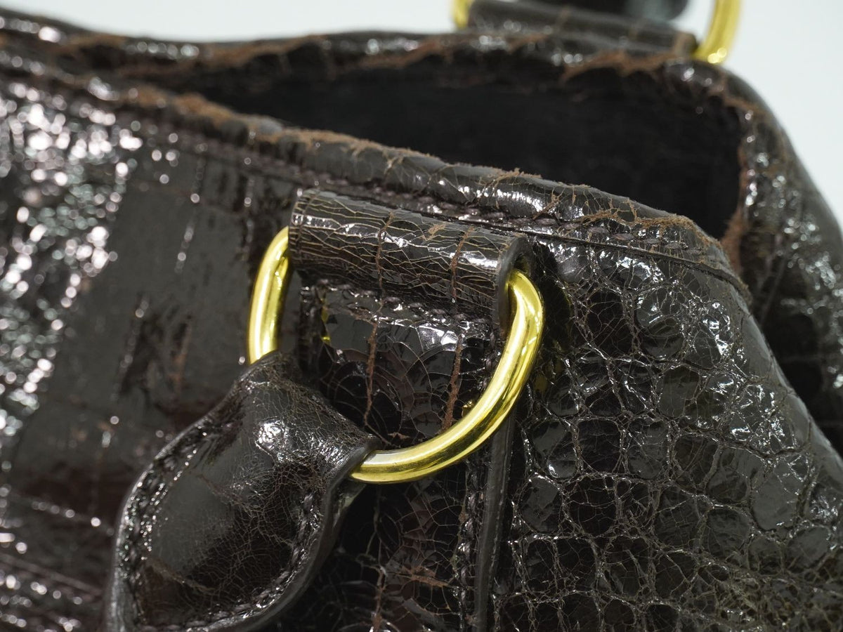 Miu Miu Crocodile-Embossed Tote Handbag - Brown, Patent Leather