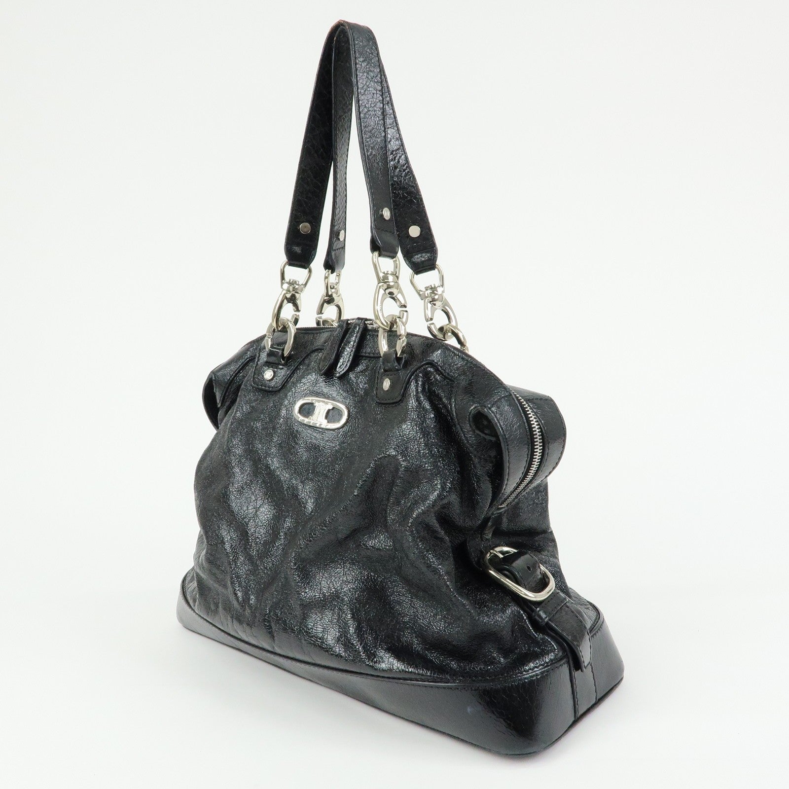 Celine Macadam Stamped Boston Hand Bag - Black, Patent Leather