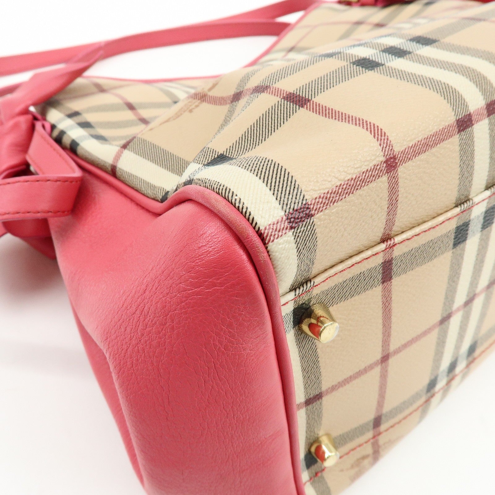 Burberry Side Ribbon Hand Bag - Nova Plaid Brown Pink, PVC Coating Canvas, Leather
