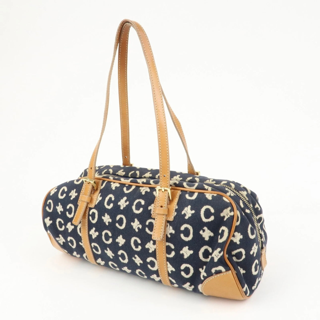CELINE C Macadam Canvas Leather Shoulder Bag Navy