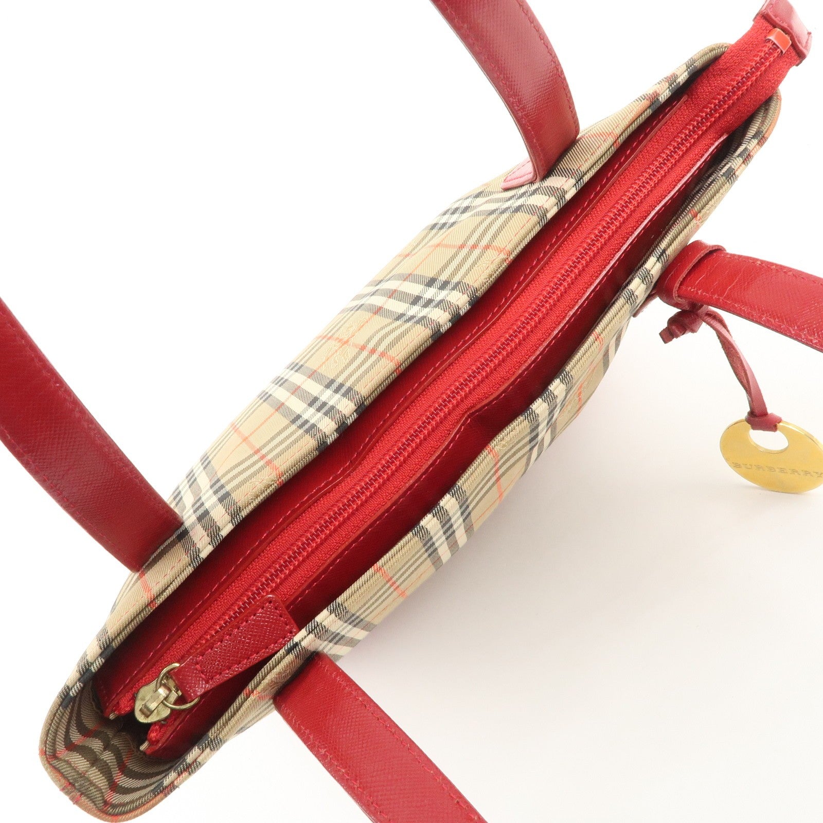 Burberry Nova Plaid Tote Bag - Red Beige, Leather Canvas