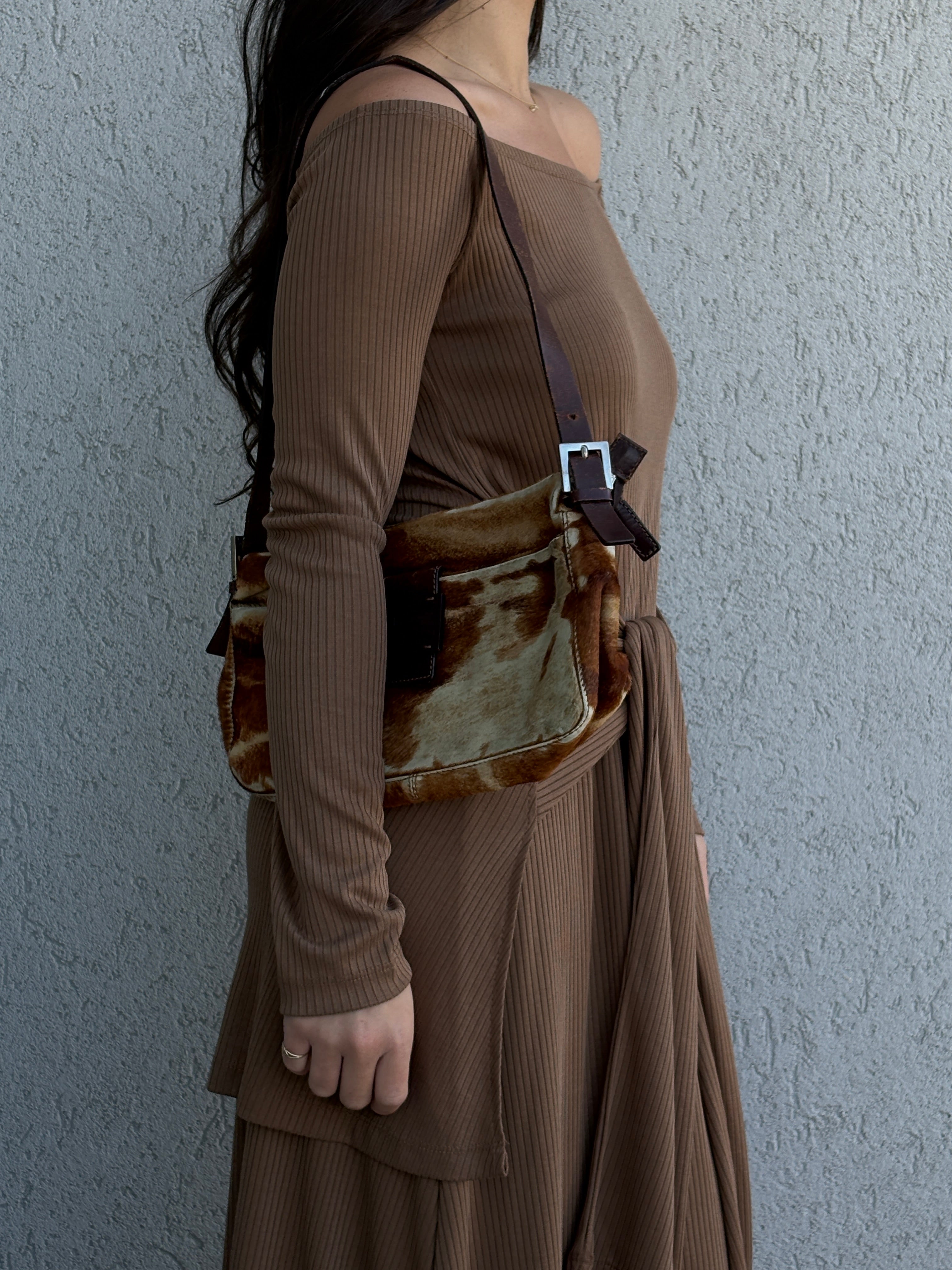 FENDI Calf Leather Shoulder Bag Brown Beige