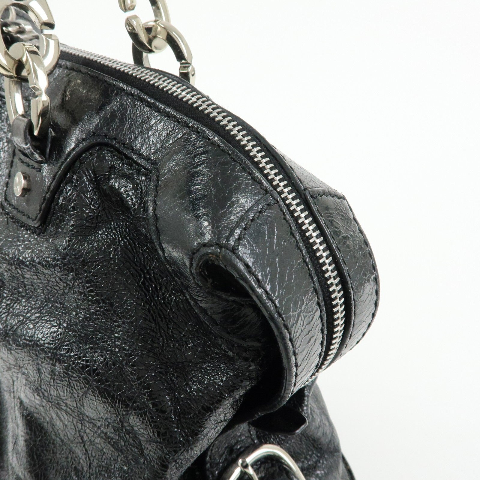 Celine Macadam Stamped Boston Hand Bag - Black, Patent Leather