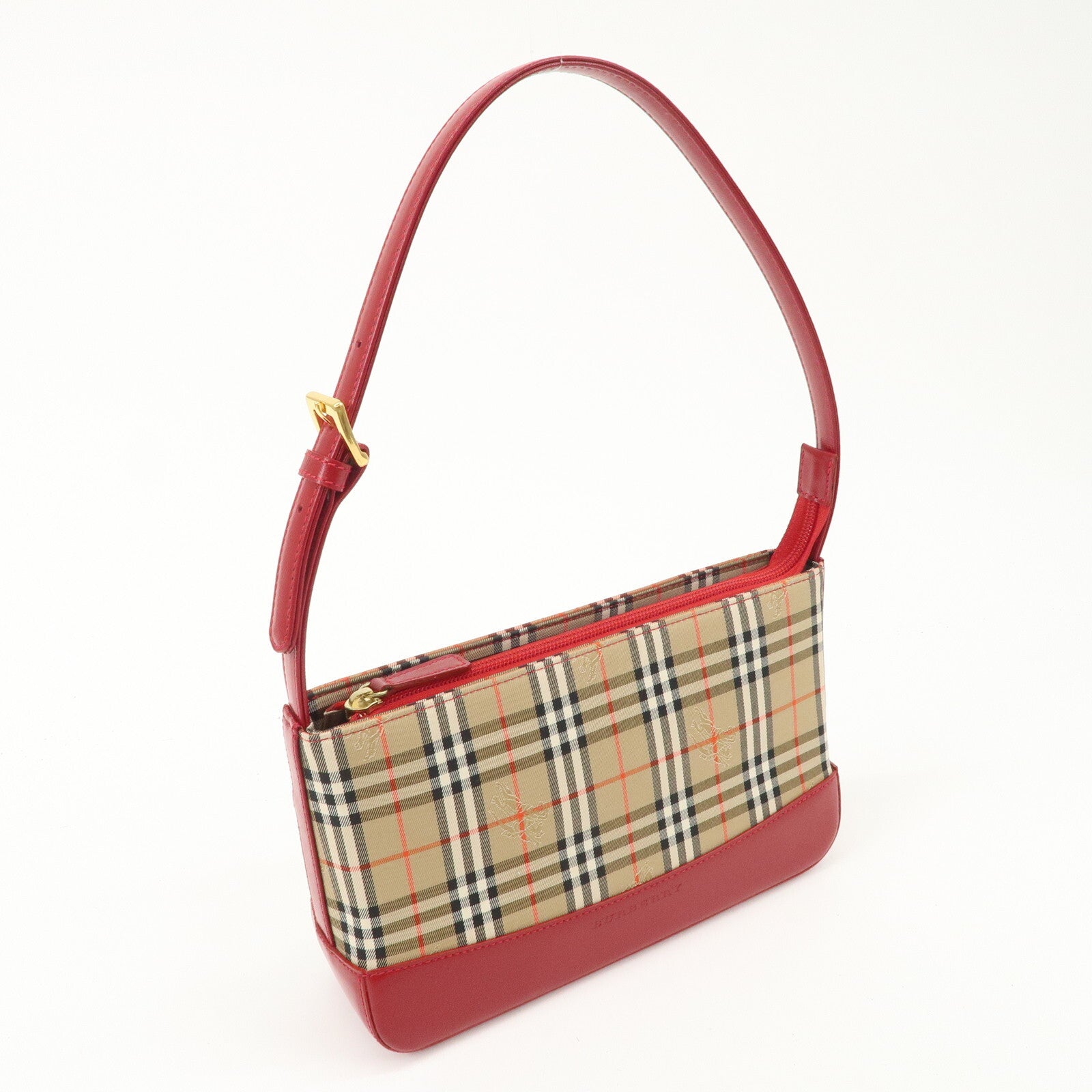 Burberry Nova Plaid Canvas Leather Shoulder Hand Bag - Red, Canvas