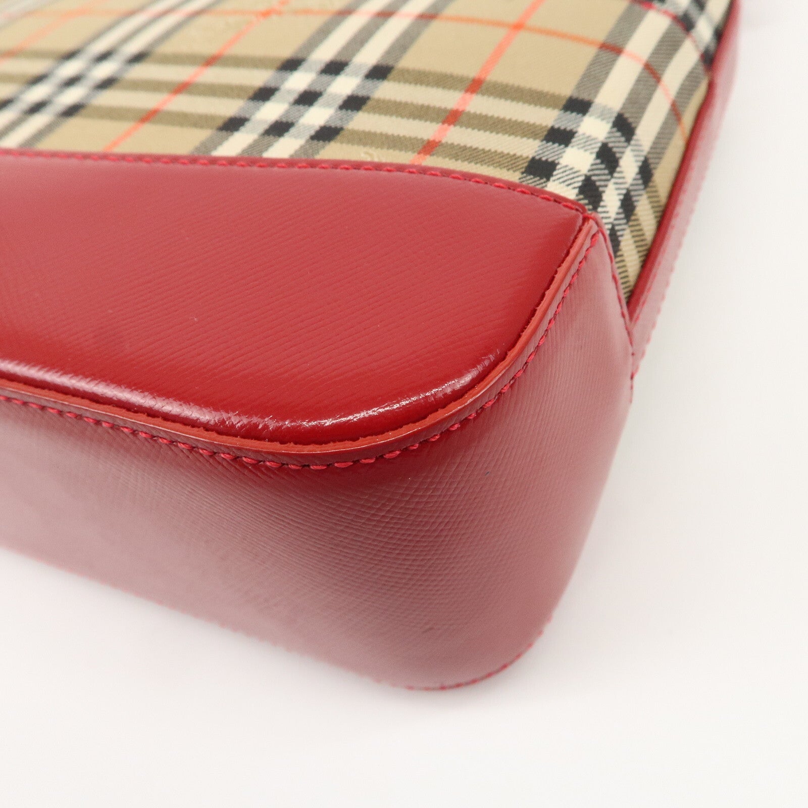 Burberry Nova Plaid Canvas Leather Shoulder Hand Bag - Red, Canvas