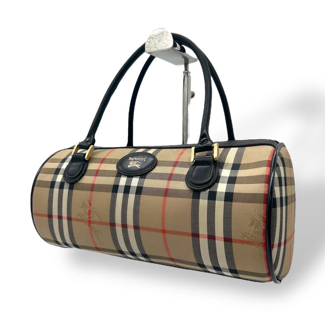 Burberry Nova Check Cylindrical Hand Bag - Black x Beige, Canvas and Leather