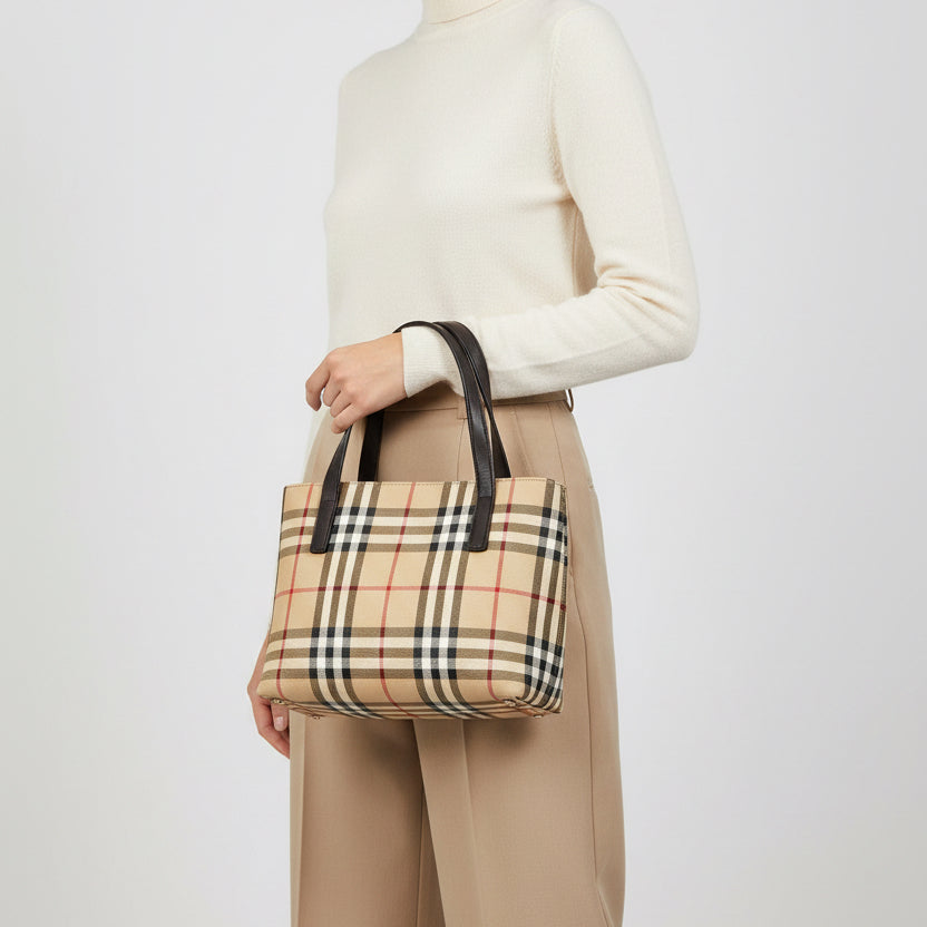 Burberry Plaid Hand Bag - Beige, Black, PVC, Leather
