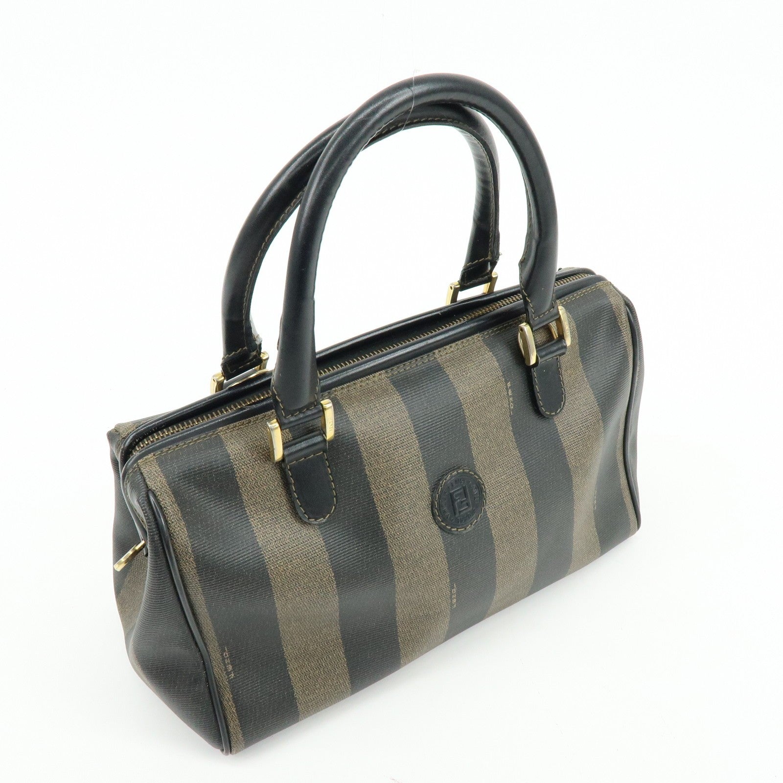 Fendi Pequin Boston Hand Bag - Black, Brown, PVC, Leather