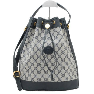 Gucci GG Supreme Drawstring Bucket Shoulder Bag - Navy Blue, Canvas and Leather