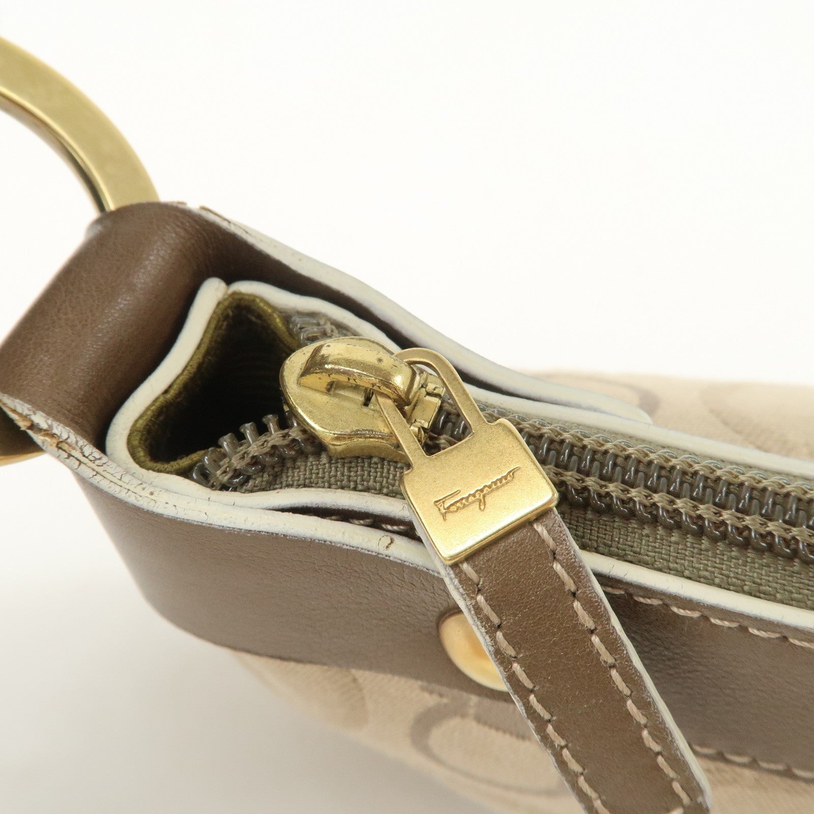 Ferragamo Gancini Shoulder Hand Bag - Beige Brown, Canvas Leather