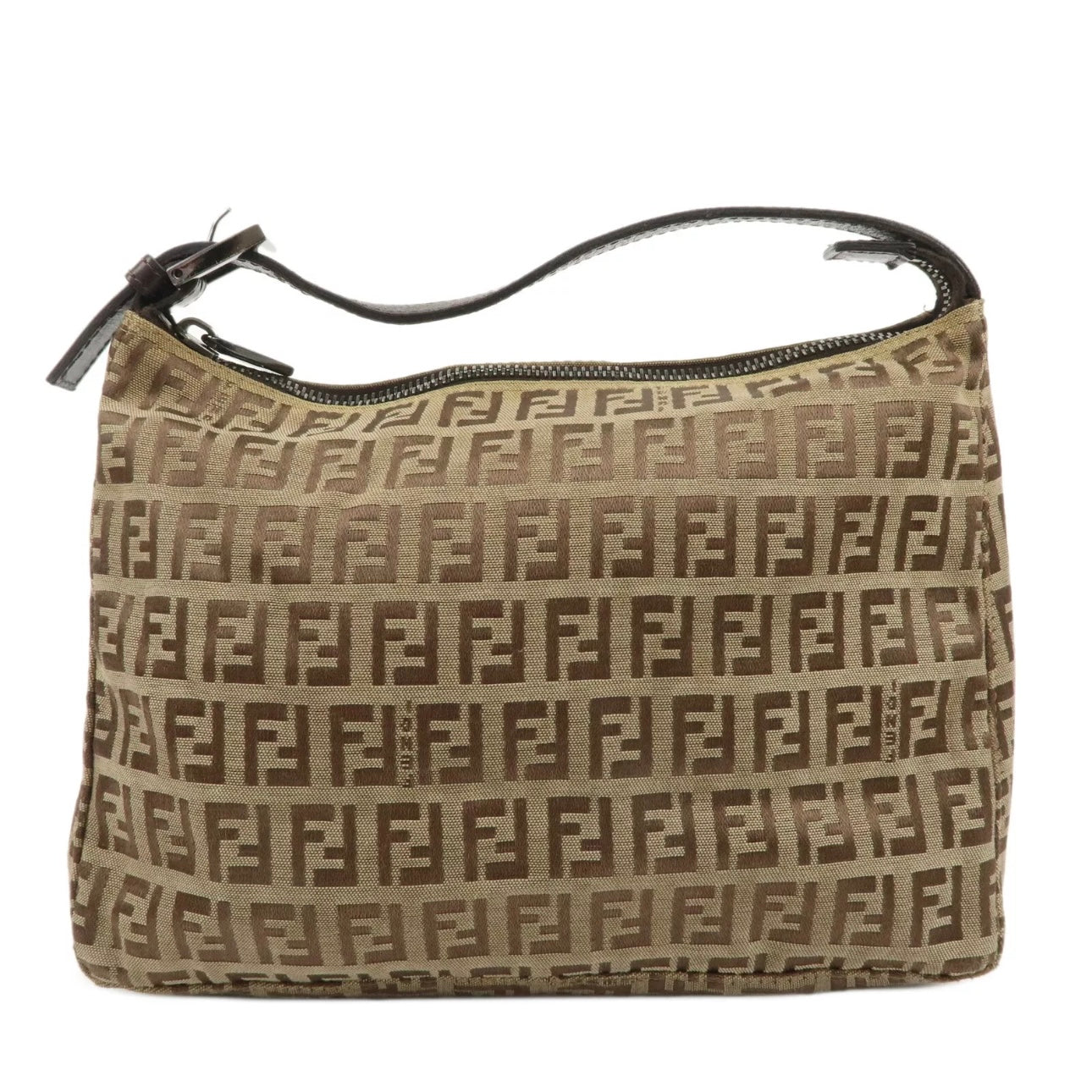 Fendi Zucchino Canvas Leather Hand Bag Beige Brown