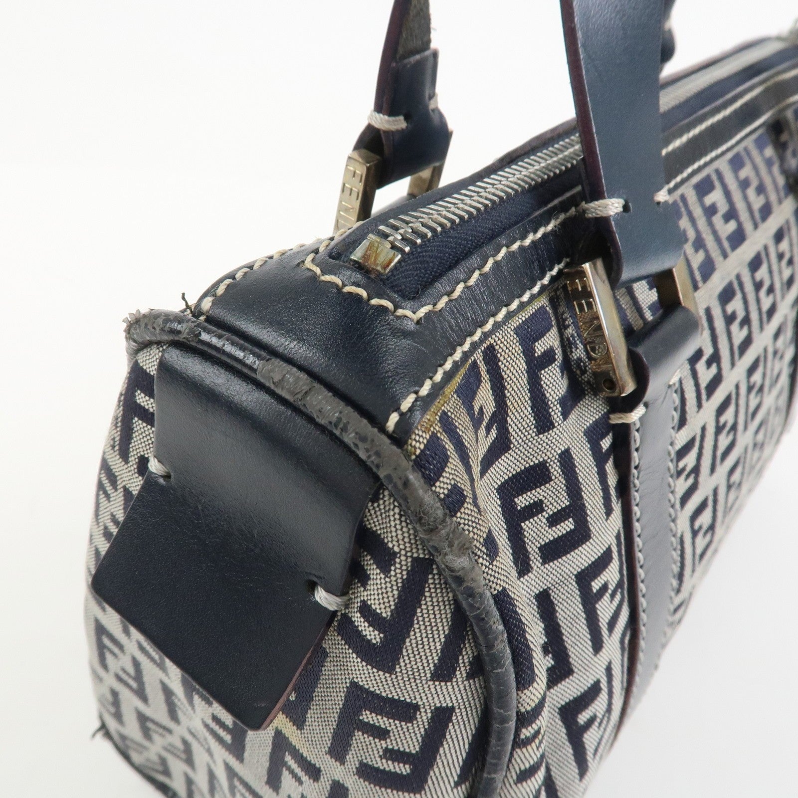 Fendi Boston Hand Bag - Navy, Canvas, Leather