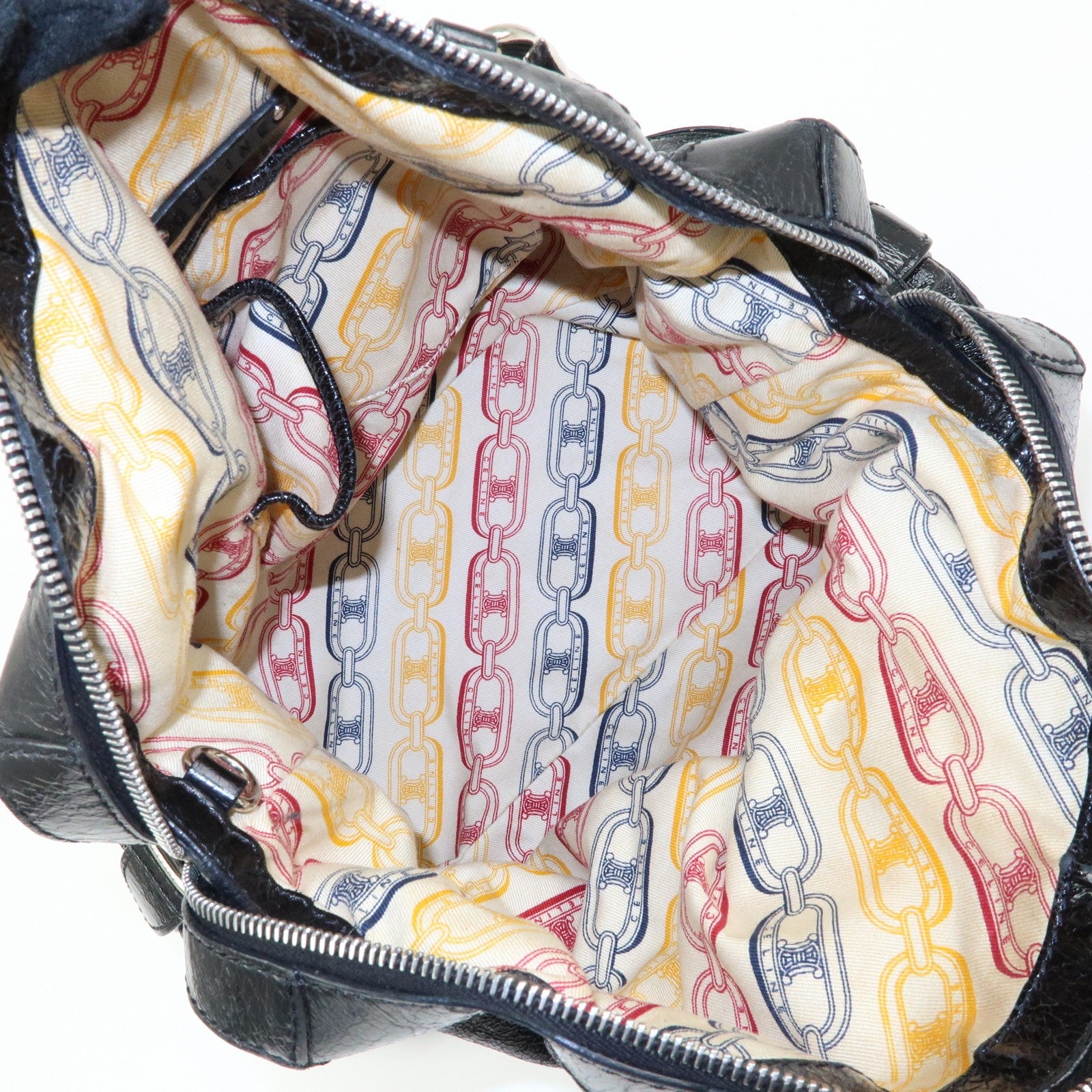 Celine Macadam Stamped Boston Hand Bag - Black, Patent Leather