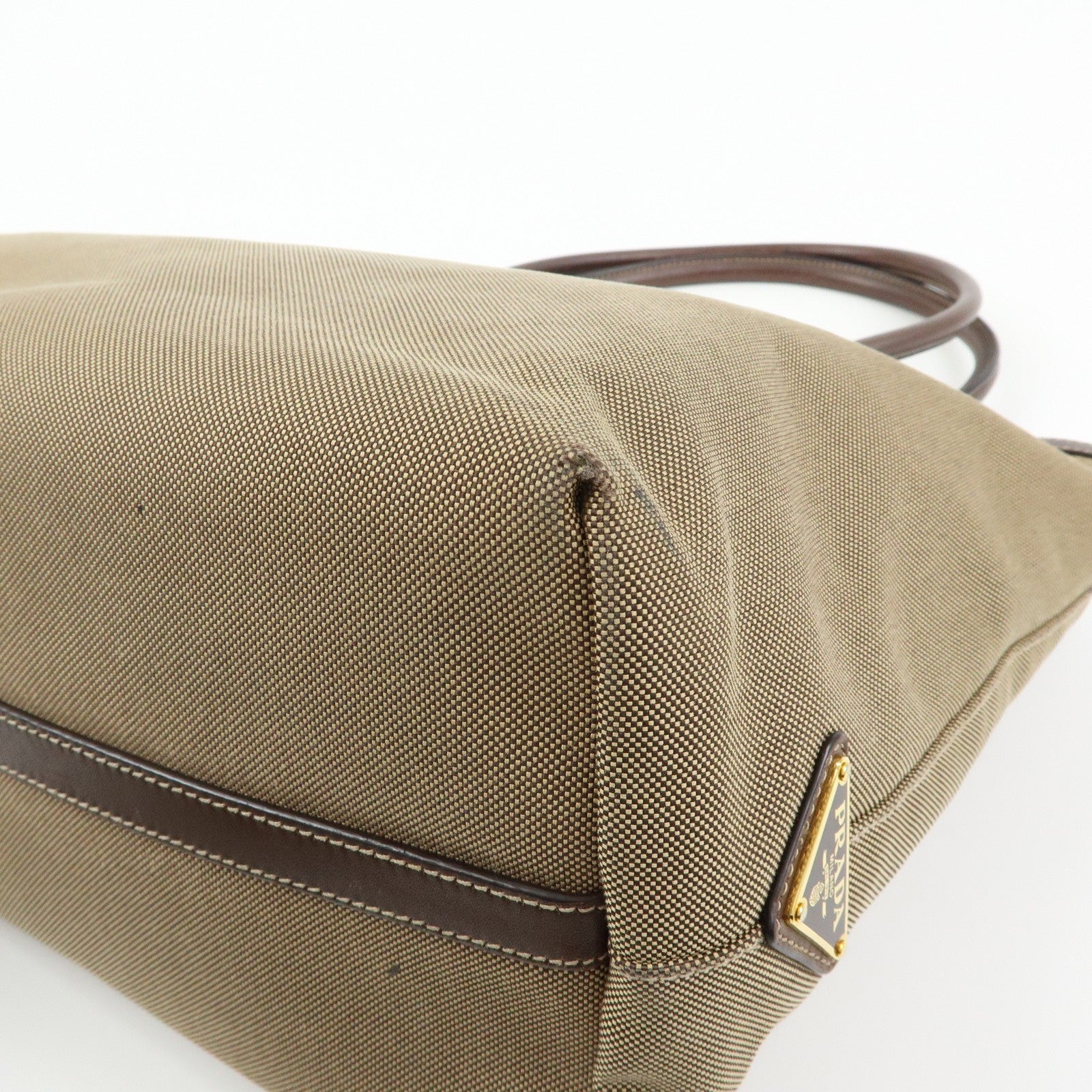 Prada Triangle Logo Jacquard Tote Shoulder Bag - Beige, Leather