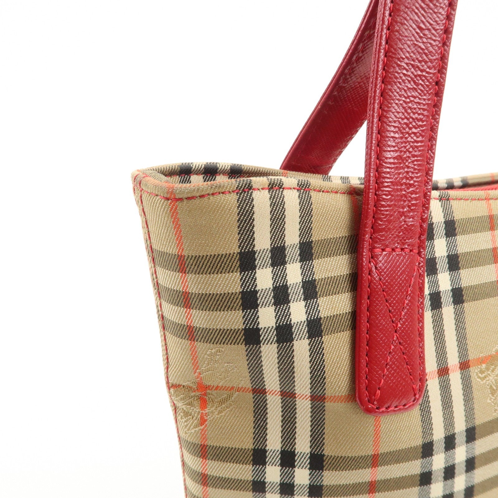 Burberry Nova Plaid Tote Bag - Red Beige, Leather Canvas