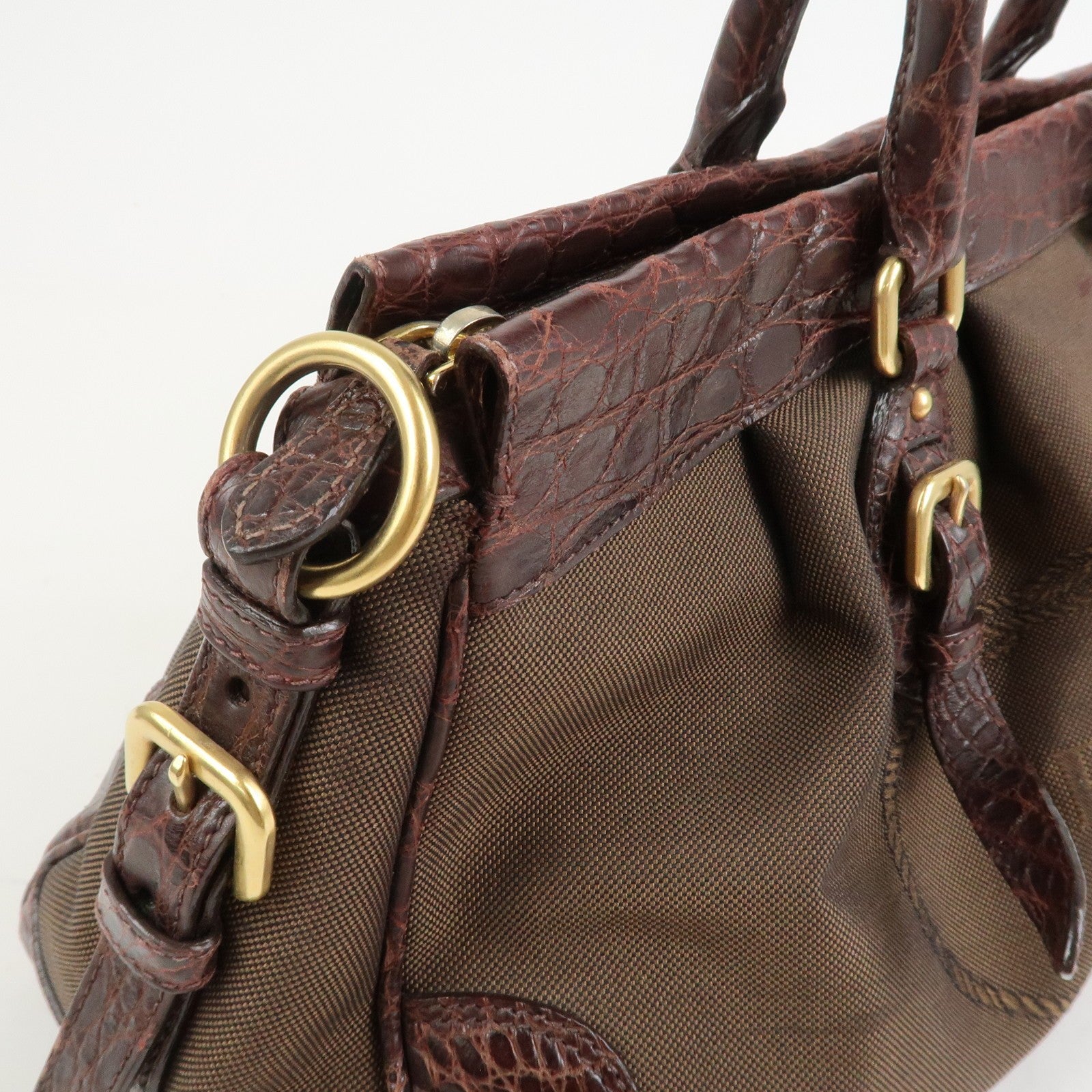 Prada 2Way Shoulder Bag - Brown, Canvas and Embossed Leather