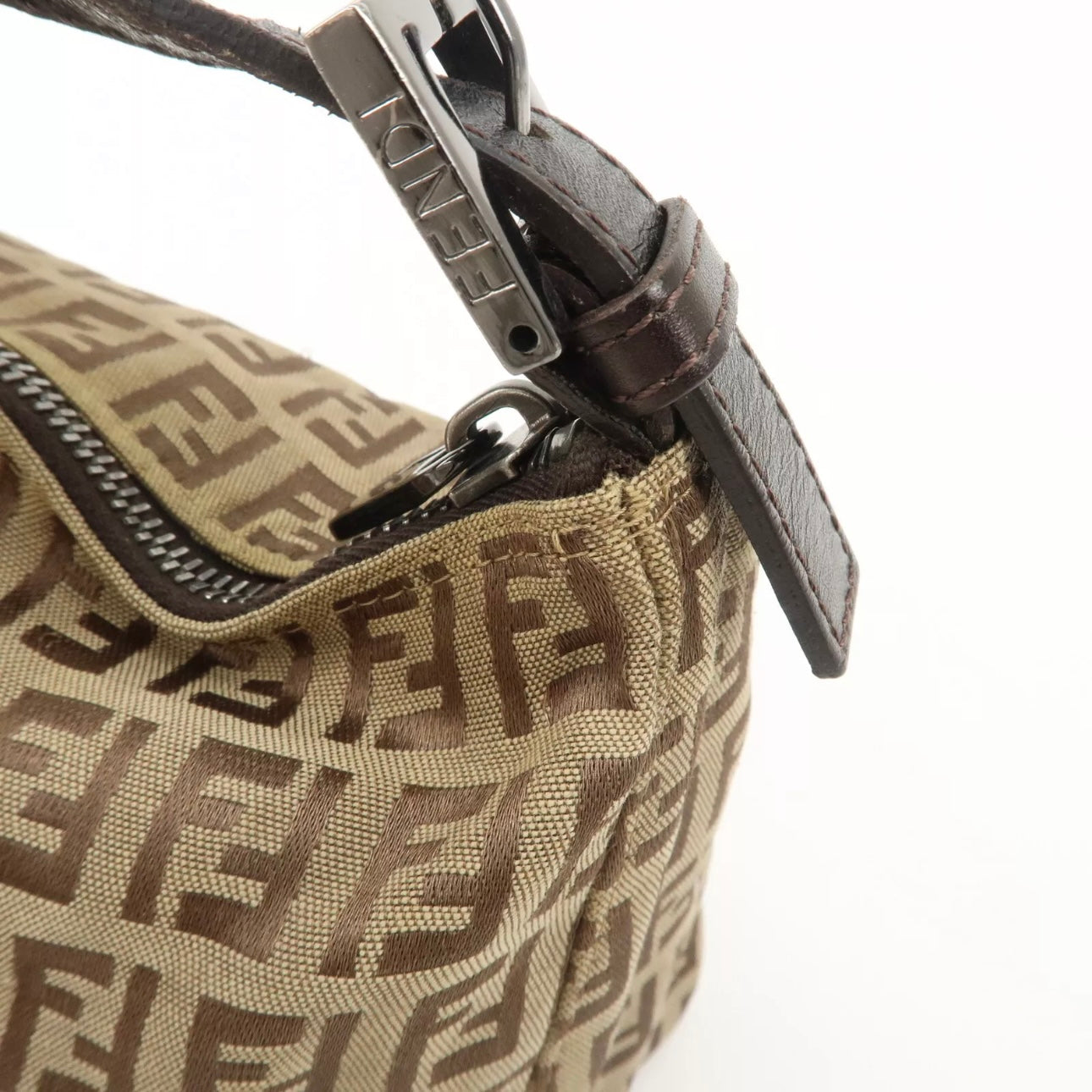 Fendi Zucchino Canvas Leather Hand Bag Beige Brown