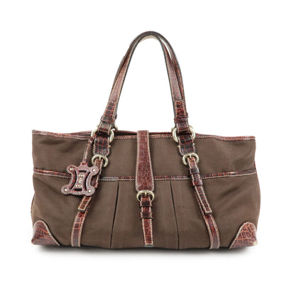 Celine Logo Canvas Tote Bag - Brown, Embossed Leather