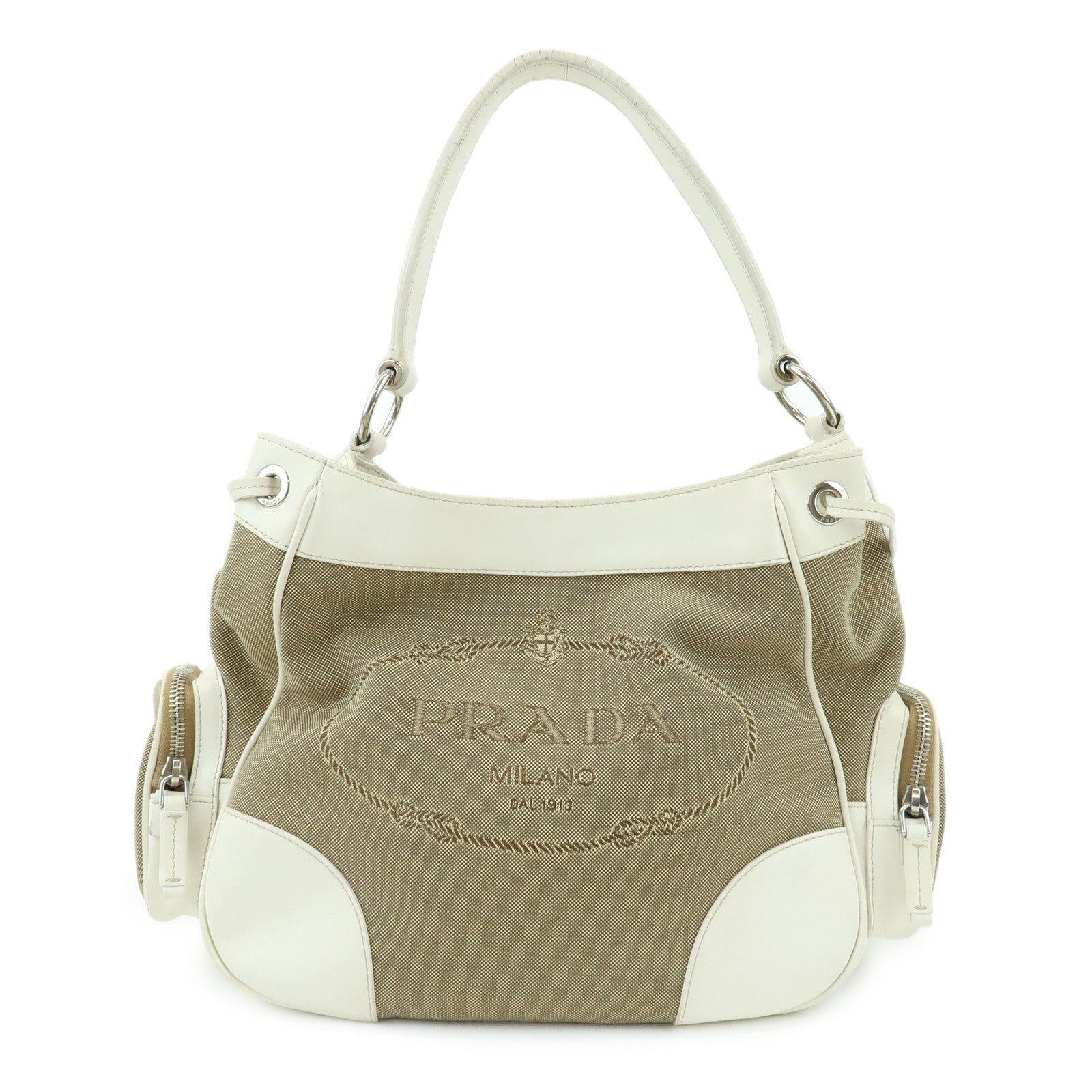 Prada Triangle Logo Shoulder Bag - Beige Ivory, Nylon Jacquard Leather