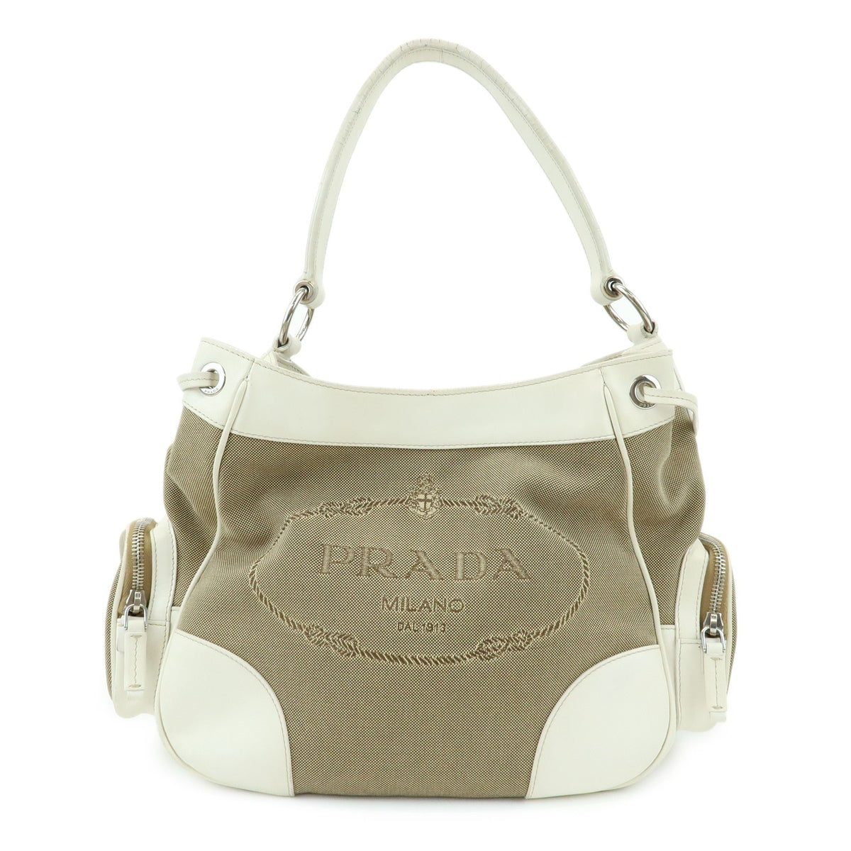Prada Triangle Shoulder Bag - Beige Ivory, Nylon Jacquard Leather