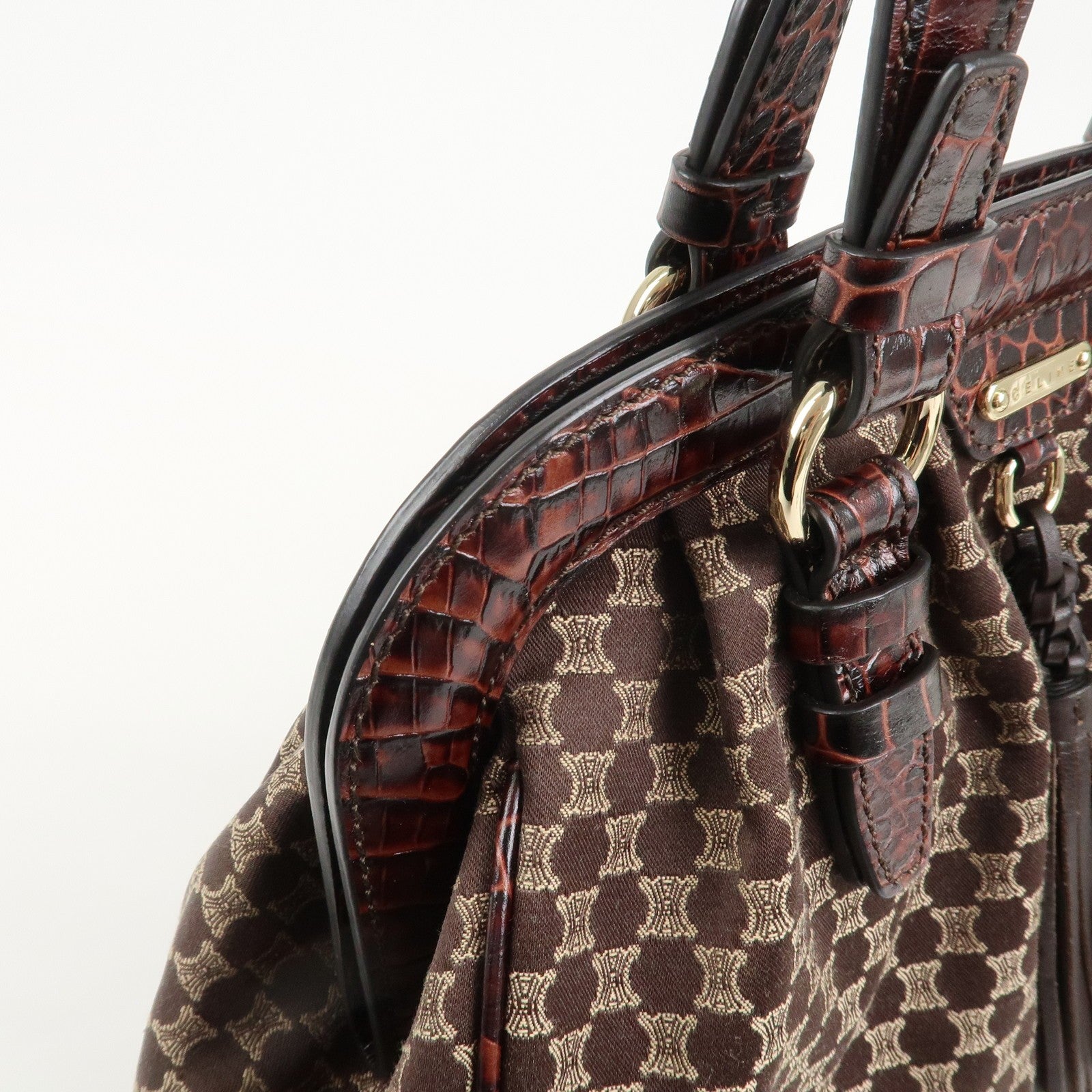 Celine Macadam Canvas Emboss Leather Shoulder Bag - Dark Brown, Canvas Leather