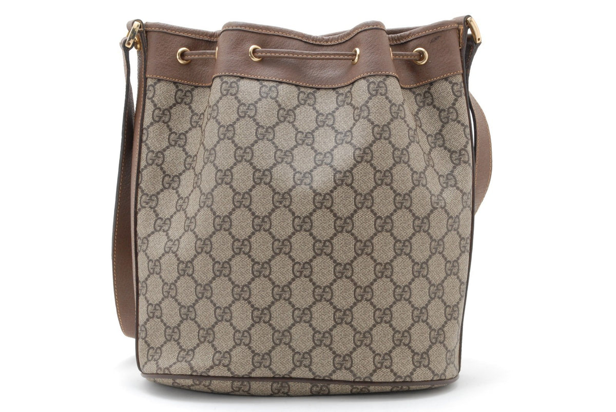 Gucci GG Supreme Monogram Canvas Drawstring Bucket Shoulder Bag - Brown, PVC Leather